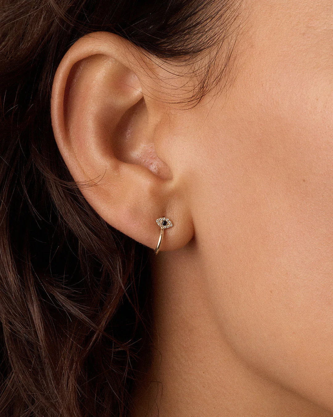 Diamond and Blue Sapphire Evil Eye Stud Single Huggie - Image 2